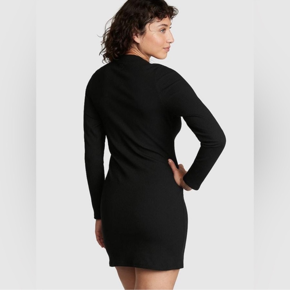 🐱PINK Victoria's Secret stretch cotton mock- neck Black Long Sleeve Dress - Picture 2 of 7